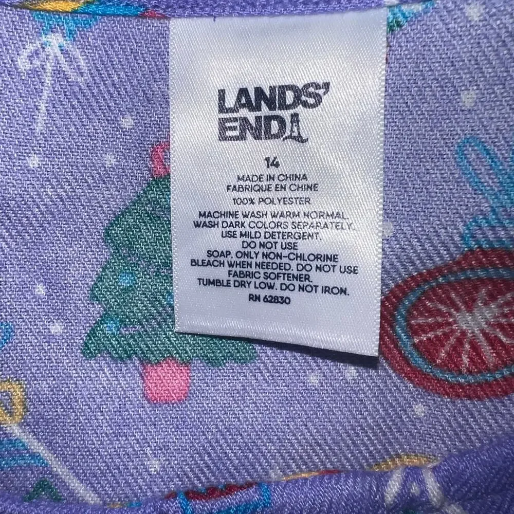 Lands End Flannel Christmas Ornament Sleep Shirt Dress 2 Button Pin-tuck Jr Sz14